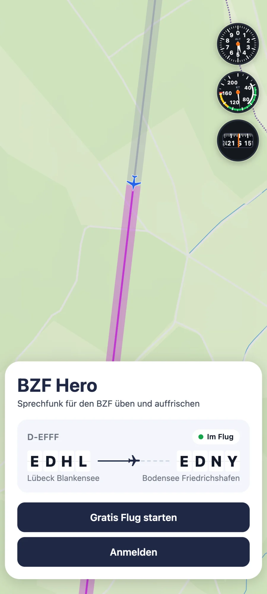 Bildschirm der App BZF Hero: Funke wie im Cockpit