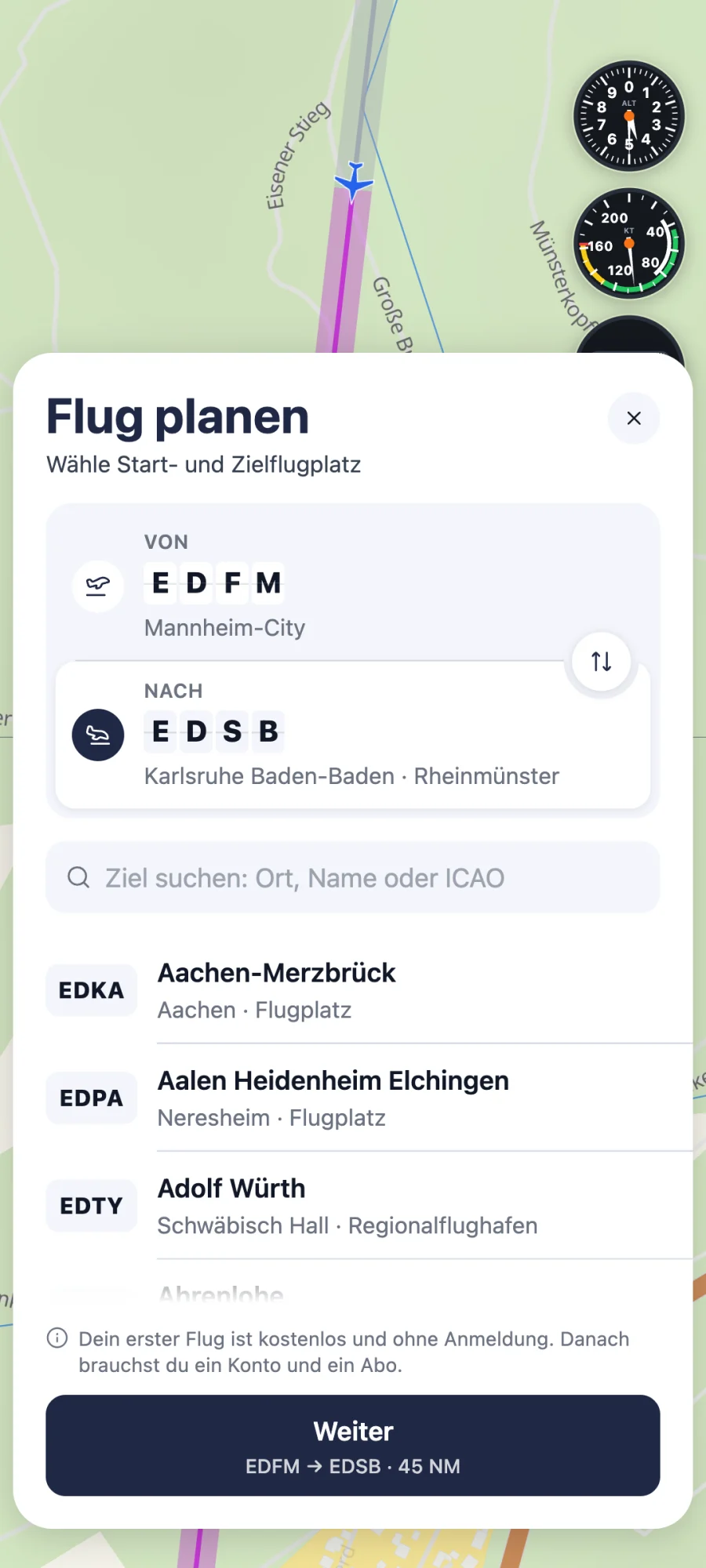 Bildschirm der App BZF Hero: Route frei wählen