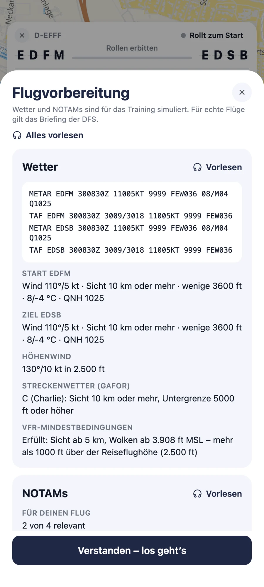 Bildschirm der App BZF Hero: Briefing wie vor dem echten Flug