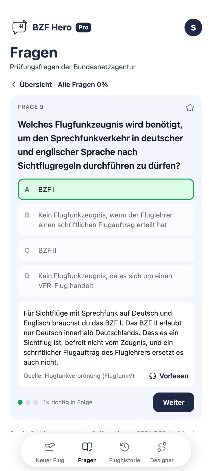 Bildschirm der App BZF Hero: Alle Prüfungsfragen der BNetzA