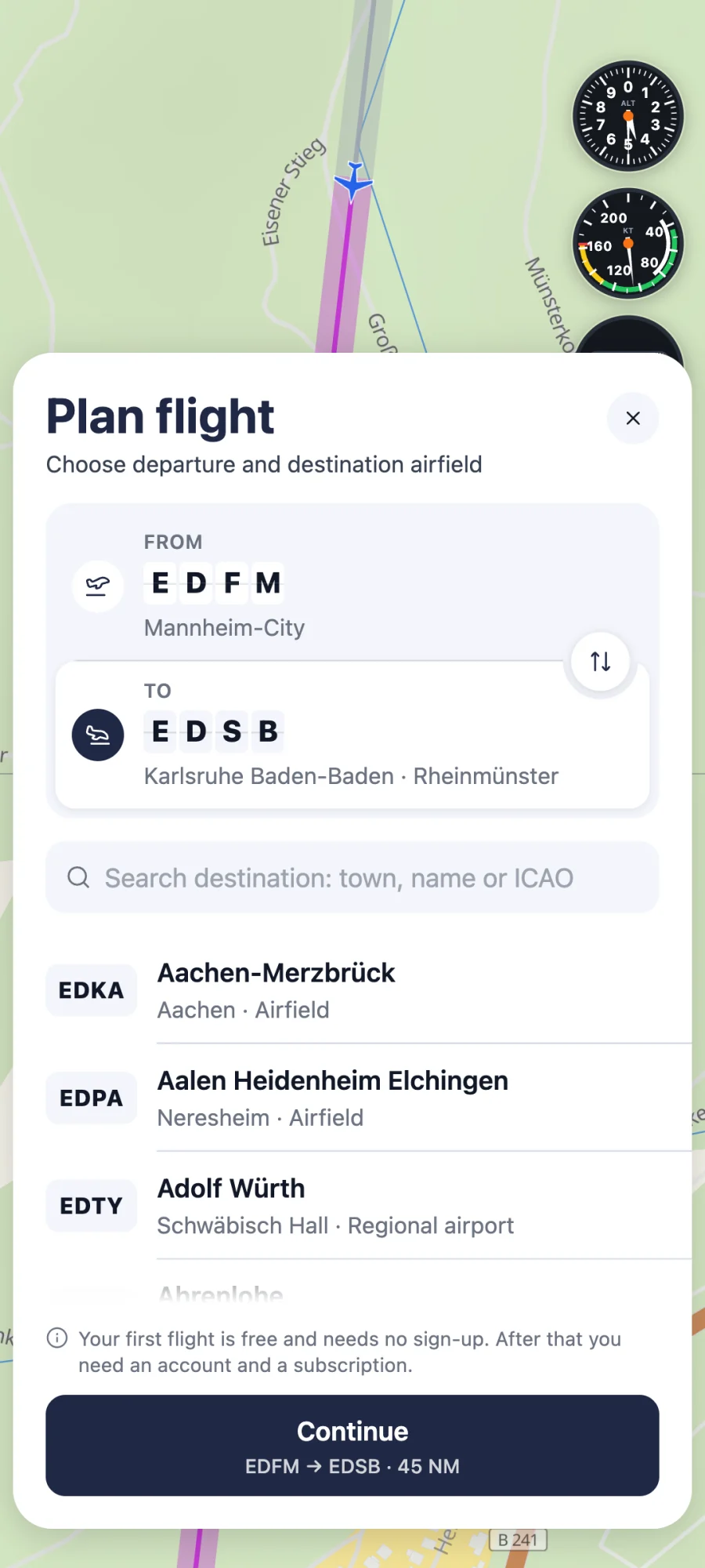 Screen of the BZF Hero app: Plan any route